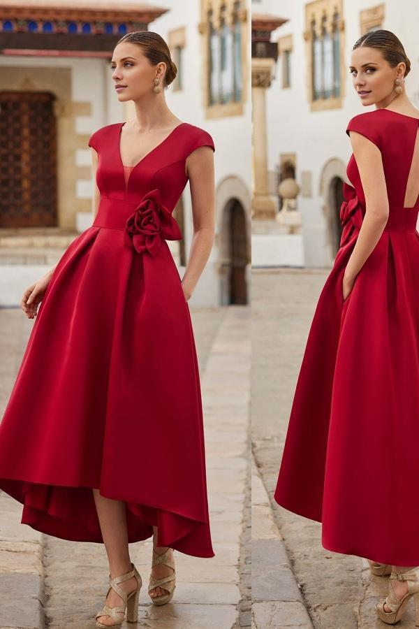 Robe de bal élégante à fleurs rouges, courte, longueur cheville, col en V, coupe trapèze, dos nu, manches courtes